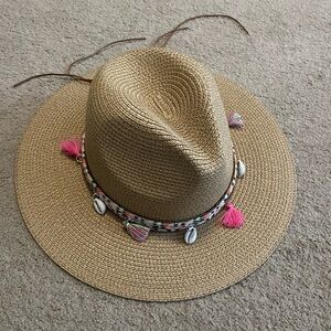 Stylish Tan Straw Hat with Pink Accents